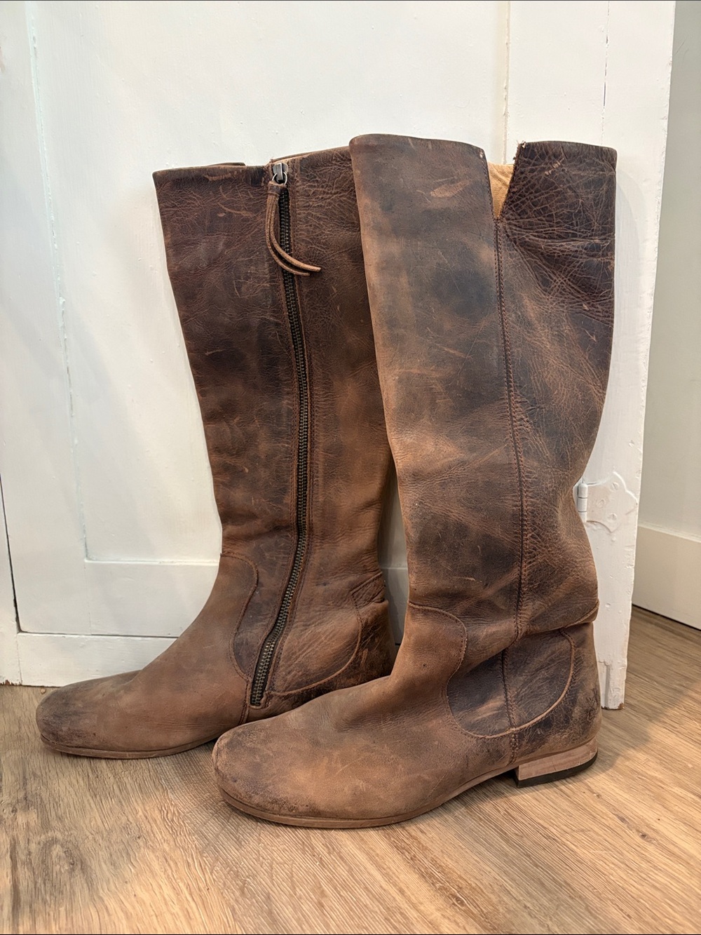 John Fluevog Brown Leather Mid-Calf Zip Riding Boots